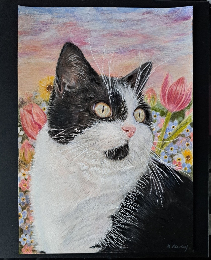 Cat with Flowers - black and white cat with floral sunset background