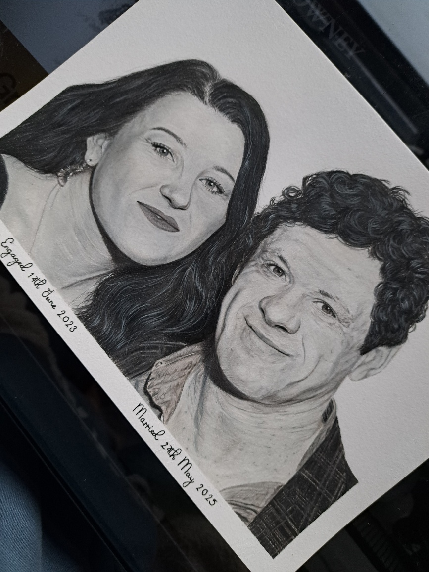Couple Portrait - coloured pencil drawing with engagement and wedding dates