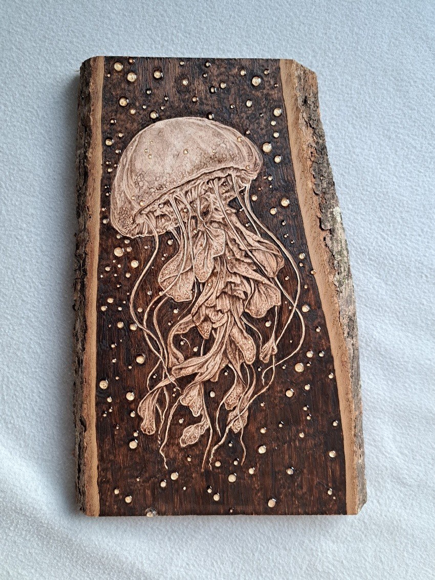 Jellyfish burned onto birch log slab with intricate tentacle detail