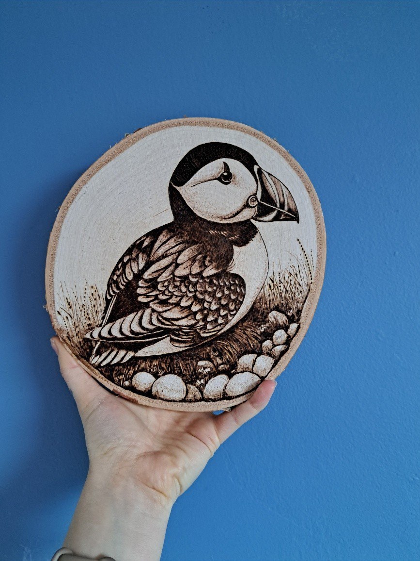 Puffin on pebbles burned onto birch wood slice